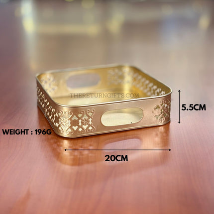 8" Gold Cutwork Square Tray | TRG0023 | Gold Finish Metal Square Cutwork Decorative Tray for Hampers Under ₹300 | Elegant Wedding, Engagement & Festive Return Gift Tray