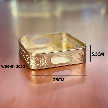 10" Gold Cutwork Square Tray | TRG0024 | Gold Finish Metal Square Cutwork Decorative Tray for Hampers Under ₹400 | Elegant Wedding, Engagement & Festive Return Gift Tray