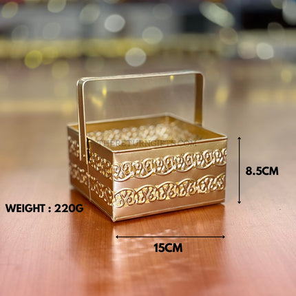 6" Square Gold Metal Handle Tray | TRG0015 | Mini Gold Finish Metal Square Decorative Tray for Dry Fruits & Hampers Under ₹250 | Elegant Wedding & Festive Return Gift Tray