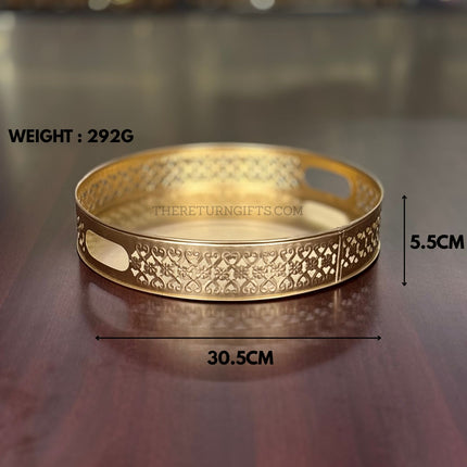 12" Round Gold Cutwork Tray | TRG0039 | Gold Finish Metal Round Cutwork & Hamper Tray Under ₹400 | Elegant Wedding, Festive Return Gift Packaging Tray
