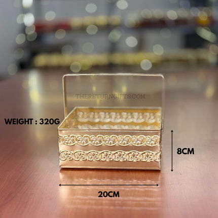 8" Square Gold Metal Handle Tray | TRG0016 | Small Gold Finish Metal Square Tray with Handles Under ₹300 | Stylish Hamper Serving Tray for Wedding, Festive & Return Gifts