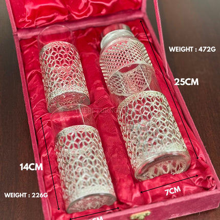 German Silver Design Glass and Bottle Set Return Gift | TRG0131 | Velvet Box Drinkware Gift Under ₹1000 | Wedding & Festive Favor