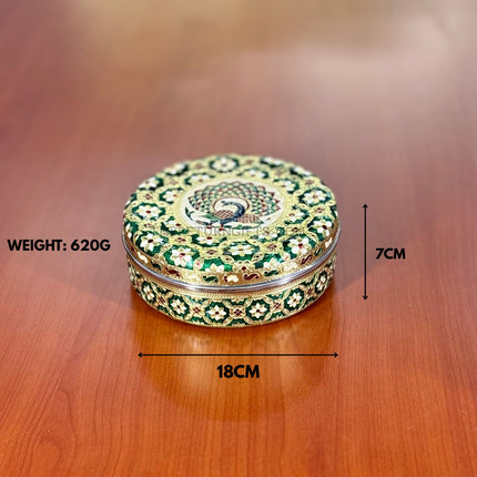 Round Meenakari Spice Box | TRG0036 | 8 Inch Stainless Steel Meenakari Masala Dabba with 7 Inner Cups & Spoon Under ₹500 | Traditional Kitchen Spice Organizer & Wedding Festive Return Gift