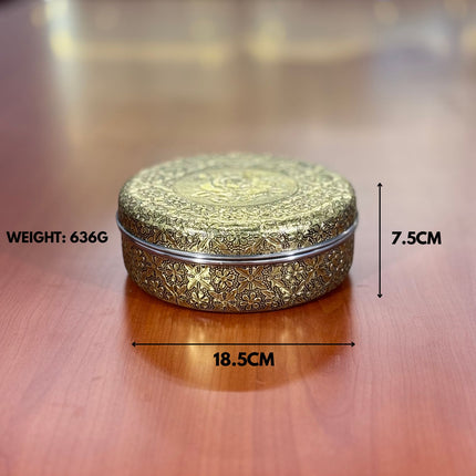 Gold Floral Round Spice Box | TRG0037 | Gold Masala Dabba with Floral Engraved Lid, 7 Inner Cups & Spoon Under ₹500 | Elegant Kitchen Spice Organizer & Festive Return Gift