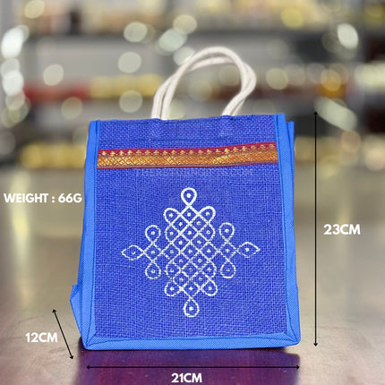 Blue Jute Bag with White Rangoli Print Return Gift | TRG0113 | Festive Rangoli Design Jute Thamboolam Bag Under ₹100 | Wedding & Housewarming Favor