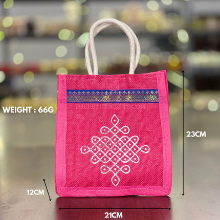 Pink Jute Bag with White Rangoli Print Return Gift | TRG0114 | Festive Rangoli Design Jute Thamboolam Bag Under ₹100 | Wedding & Housewarming Favor