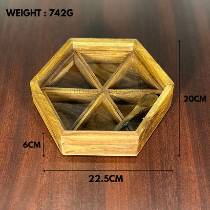 Hexagon Wooden Spice Box with Spoon | TRG0044 | Handcrafted Hexagonal Masala Dabba with Compartments Under ₹600 | Premium Wedding & Housewarming Return Gift