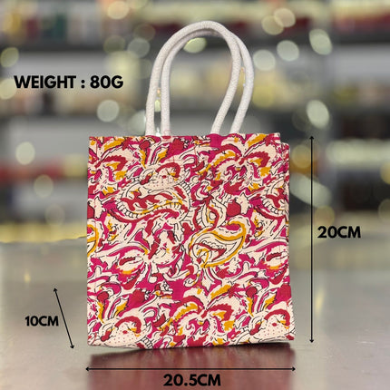 Red Floral Fabric Jute Bag Return Gift | TRG0105 | Elegant Red Jute Tote with Floral Fabric Panel Under ₹150 | Wedding & Housewarming Favor