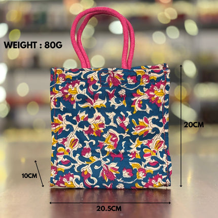 Blue Floral Fabric Jute Bag Return Gift | TRG0102 | Elegant Blue Jute Tote with Floral Fabric Panel Under ₹150 | Wedding & Housewarming Favor