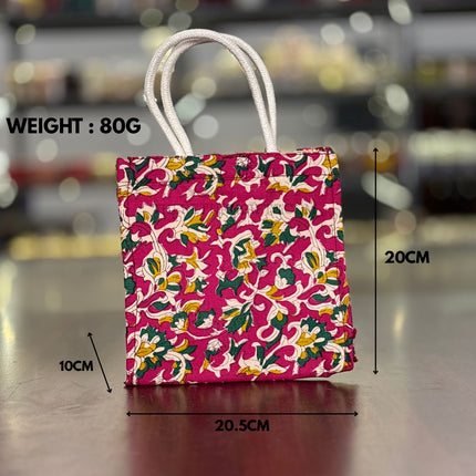 Pink Floral Fabric Jute Bag Return Gift | TRG0104 | Elegant Pink Jute Tote with Floral Fabric Panel Under ₹150 | Wedding & Housewarming Favor