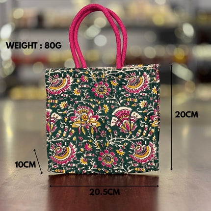 Green Floral Fabric Jute Bag Return Gift | TRG0103 | Elegant Green Jute Tote with Floral Fabric Panel Under ₹150 | Wedding & Housewarming Favor