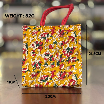 Yellow Floral Fabric Jute Bag Return Gift | TRG0107 | Printed Yellow Jute Tote with Floral Fabric Panel Under ₹150 | Wedding & Housewarming Favor