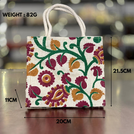 Cream Floral Fabric Jute Bag Return Gift | TRG0106 | Elegant Cream Jute Tote with Floral Fabric Panel Under ₹150 | Wedding & Housewarming Favor
