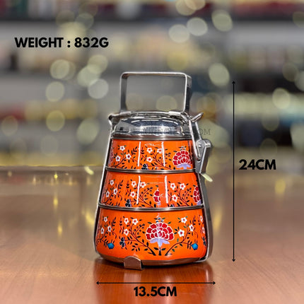 3‑Tier Orange Floral Printed Stainless Steel Tiffin Carrier | TRG0101 | Hand‑Painted 3 Layer Steel Lunch Box Under ₹1000 | Wedding & Housewarming Return Gift