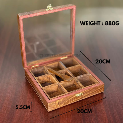 Wooden Spice Box with 9 Square Bowls & Spoon | TRG0045 | Compact 9‑Compartment Masala Dabba Kitchen Organizer Under ₹800 | Traditional Wedding & Housewarming Return Gift
