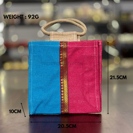 Blue & Pink Dual Panel Jute Bag with Golden Border Return Gift | TRG0121 | Dual‑Colour Festive Jute Tote Under ₹150 | Wedding & Housewarming Favor